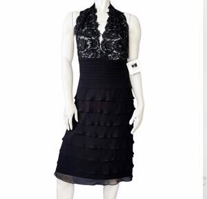 Black Beaded Halter Tiered Cocktail Dress